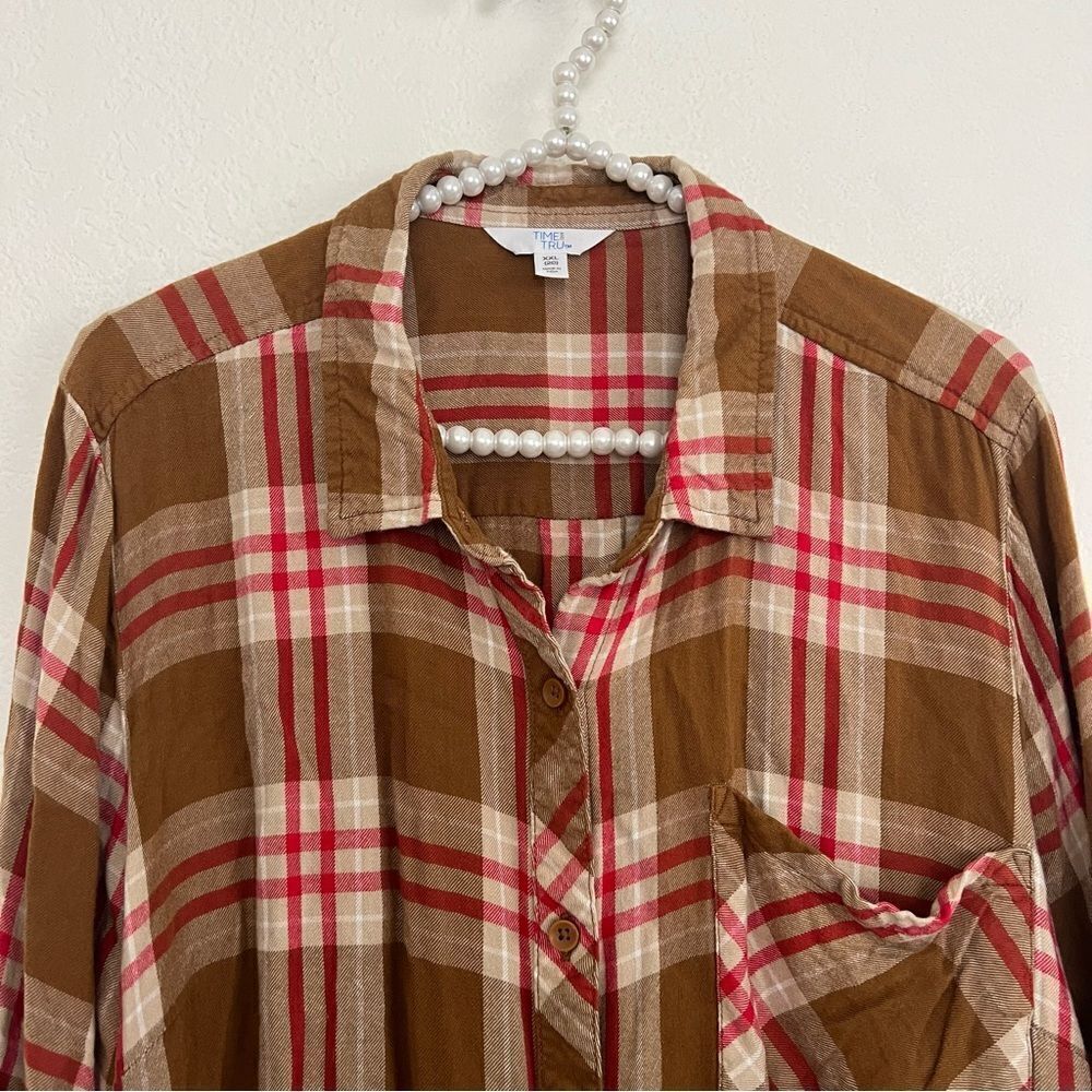 Time & Tru Plaid Long Sleeve Brown Button Front Collared Top Women’s Size XXL - Picture 2 of 10